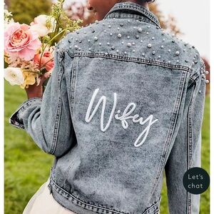 Pearl Embellished “Wifey” Denim Jacket - Blue